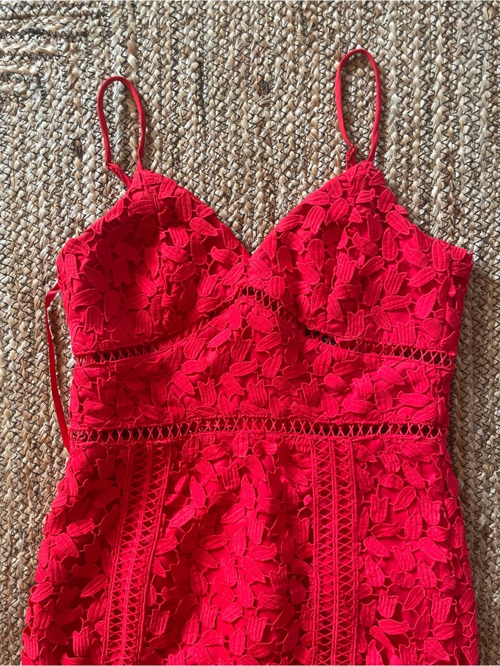 Bardot Red Lace Midi Dress with Spaghetti Straps - Picture 2 of 4